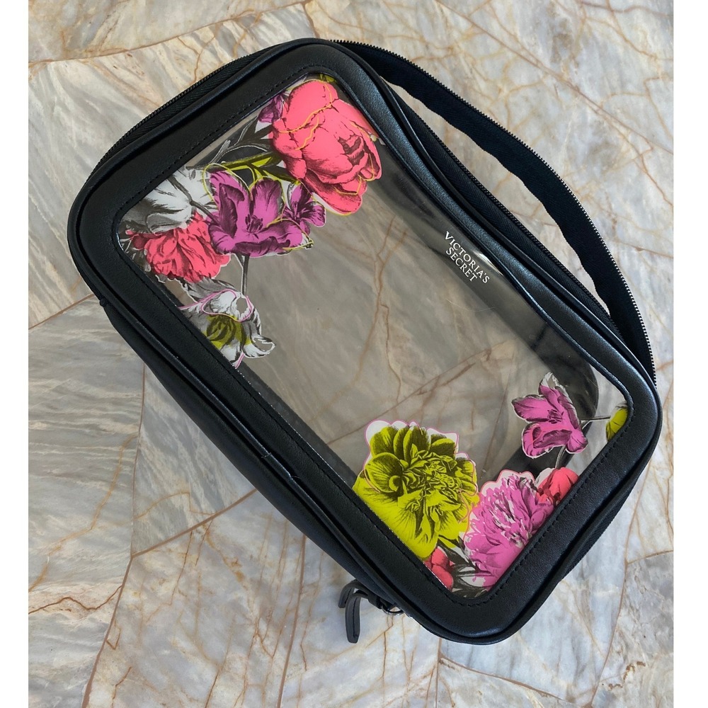 Victorias Secret Floral Clear Makeup Bag Black Trim Travel Cosmetic Pouch - Picture 12 of 13